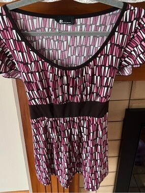 AB Studio y2k babydoll Pink Black Geometric Short Sleeve Blouse